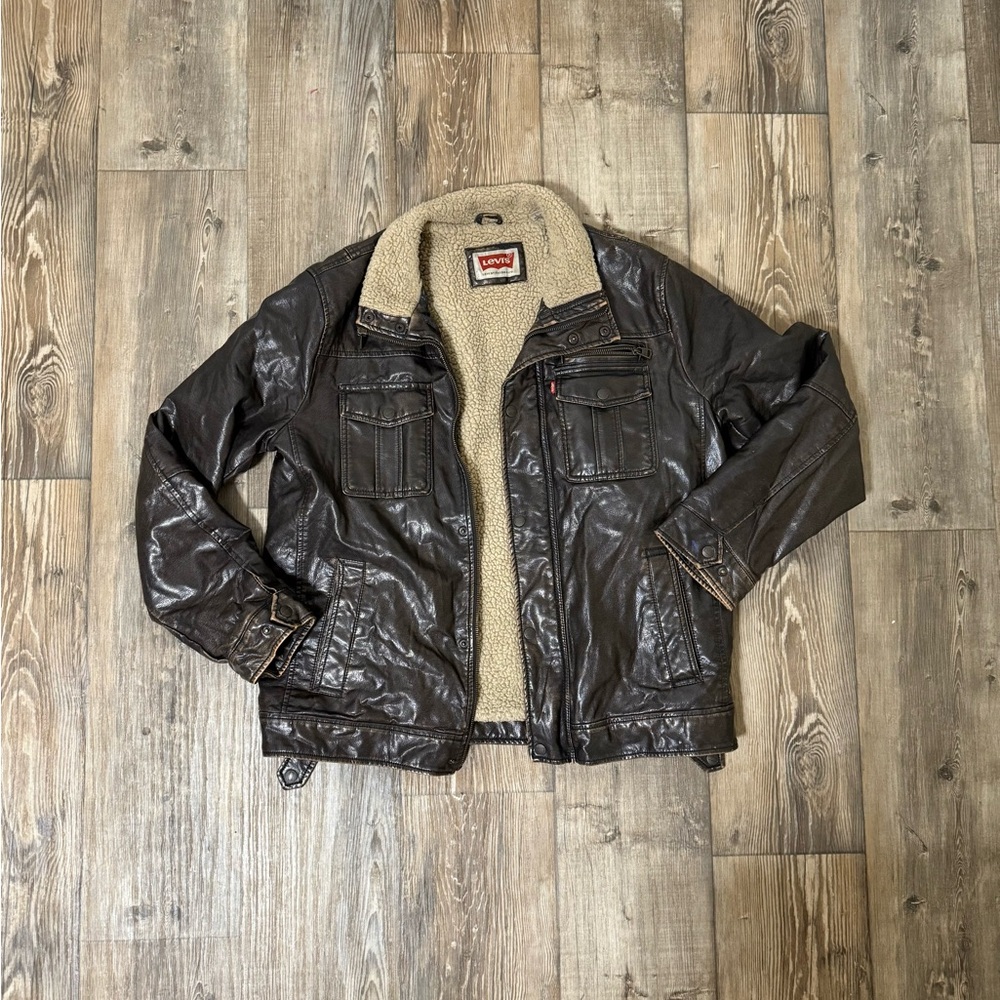 Vintage Levi's Men's Brown Faux Leather Sherpa Lined Bomber Jacket